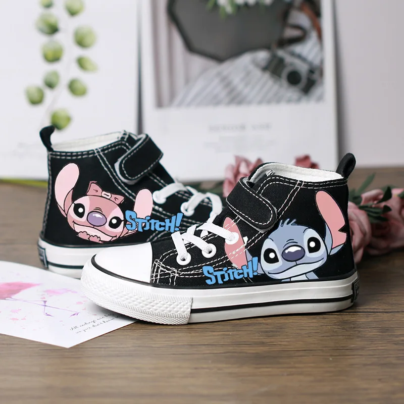 Disney Stitch High-top Shoes Cute Angel Tennis Shoes Couple White Shoes Children Casual Sneakers Stitch Sport Shoes Size 21-36