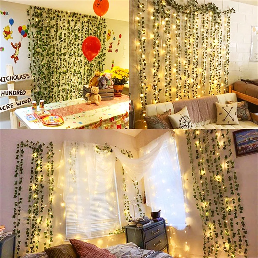 2 metros de seda falsa folha verde hera videira com luzes led corda para casa decoração do quarto casamento brilhante planta artificial guirlanda