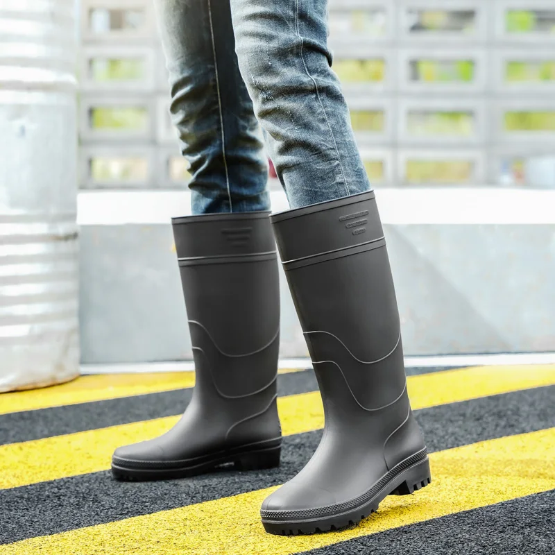 Botas de chuva masculinas de cano alto, pretas, antiderrapantes, impermeáveis, resistentes ao desgaste, passeios ao ar livre, pesca, sapatos de água de tubo longo, botas de chuva para trabalho agrícola