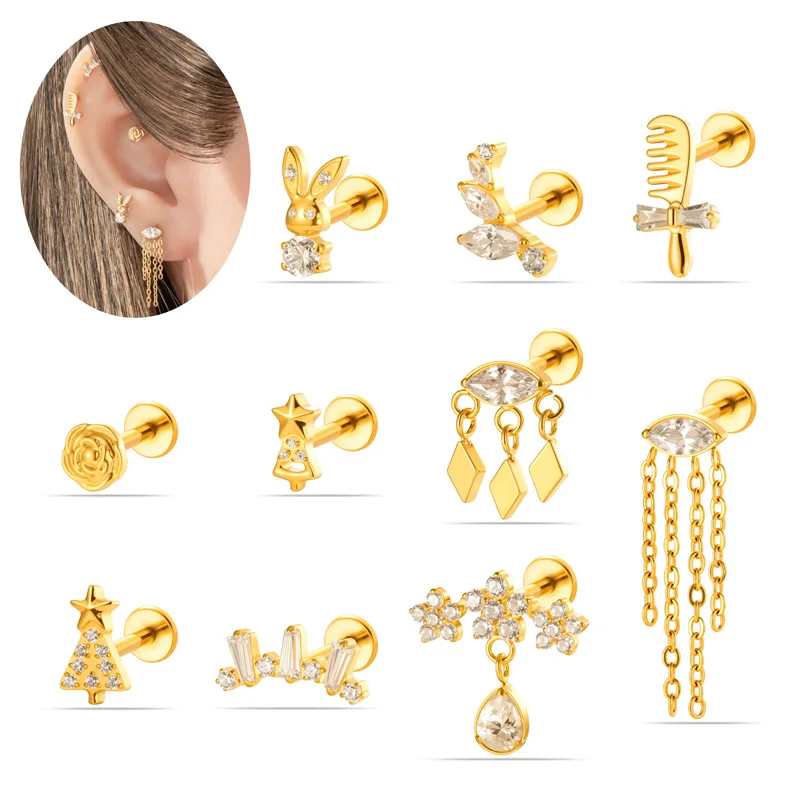 1PC ASTM F136 Titanium Jewelry Gold Plated Cubic Zirconia Pendant Earrings Piercing Internal Thread Lobe Conch Earring
