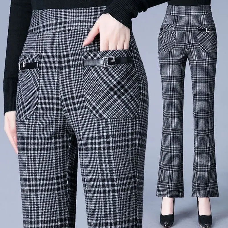 Vintage Herfst Winter Flare Broek Nieuwe Dames Zak Gestreepte Plaid Elastische Hoge Taille Mode Veelzijdige Slanke Plus Fluwelen Broek