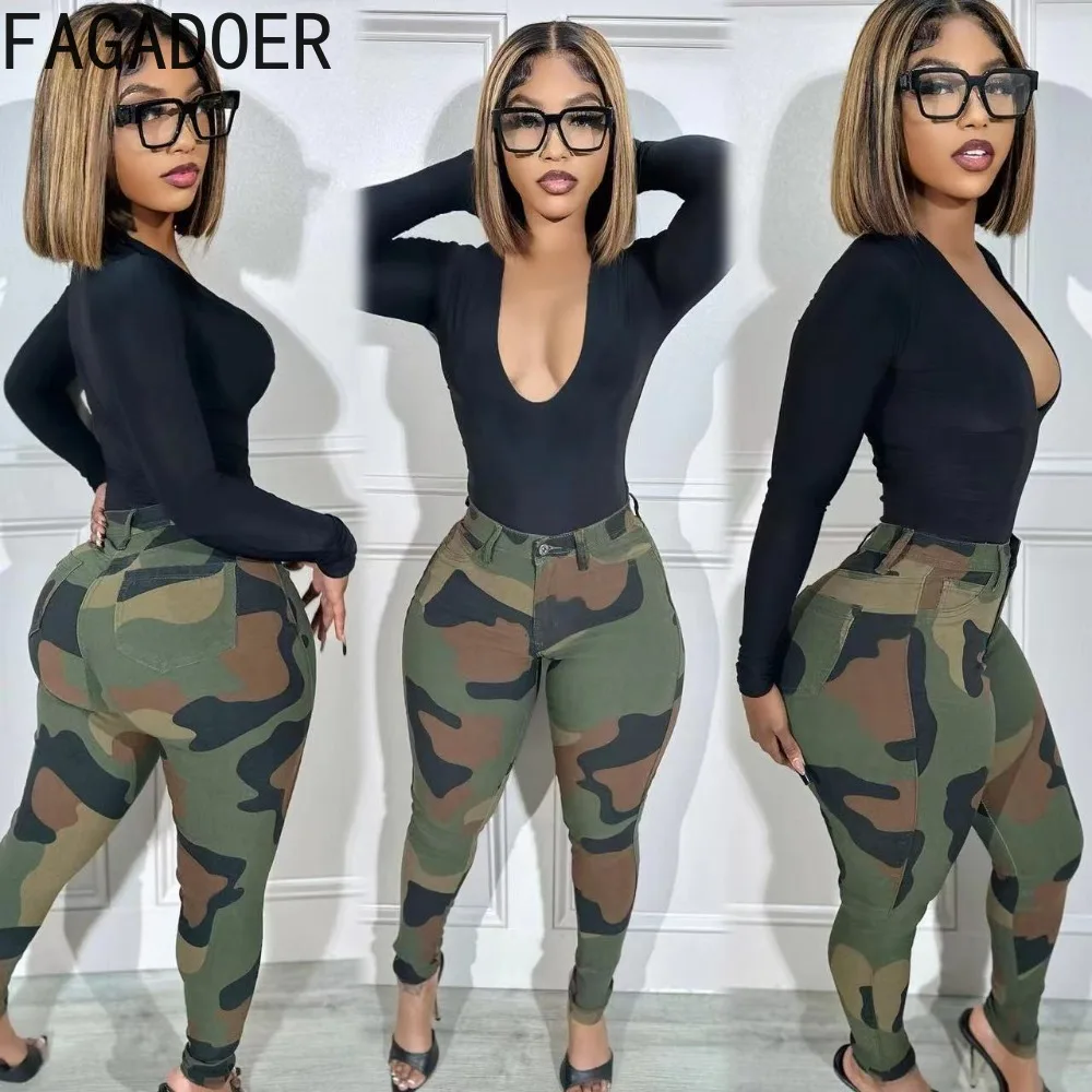 

FAGADOER Fashion Camouflage Printing Skinny Pants Women High Waisted Button Pencil Pants Casual Female Sporty Matching Bottoms