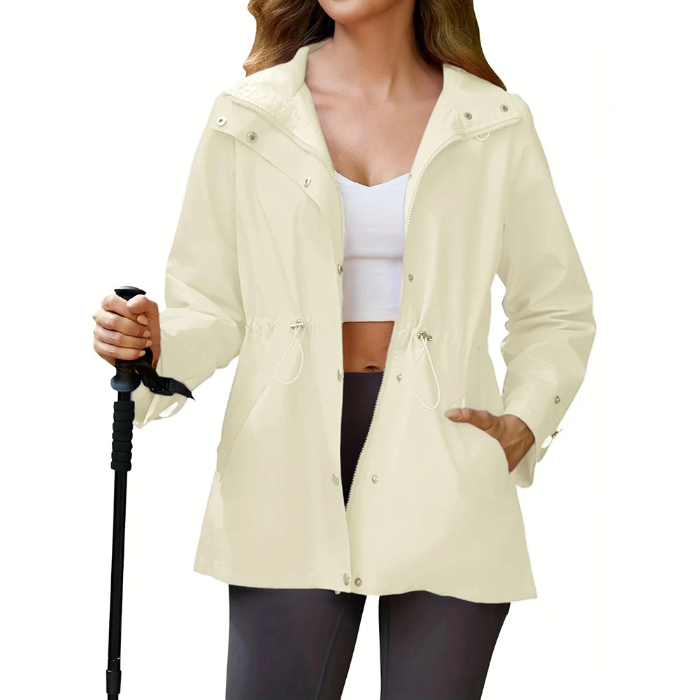 Women Stand Collar Snap Button Drawstring Waist Windproof Hooded Trench Coat
