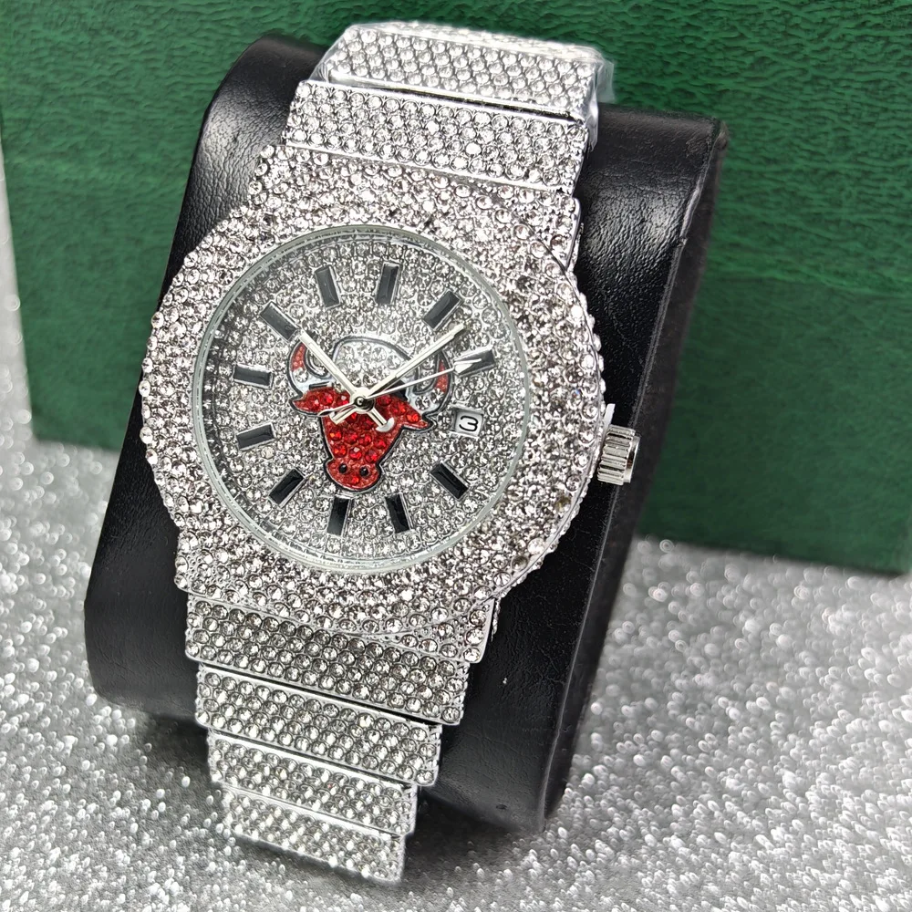 Hot Hip Hop Iced Out Quartz Watch Mens Bull Head Pattern Dial Fashion Bling Clocks Luxury Full Diamond Watches Man Reloj Hombre