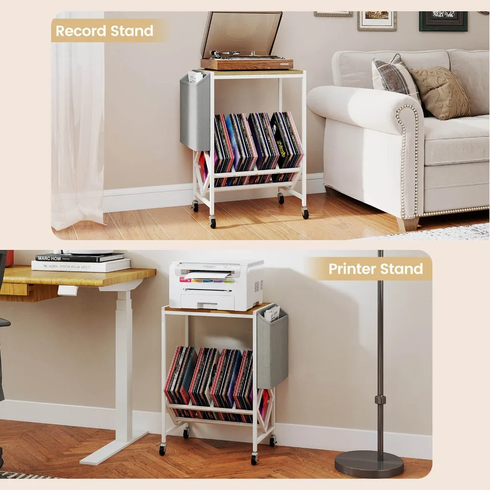 Record Player Stand w/Vinyl Record Storage & Side Storage Pouch, Swivel Wheels