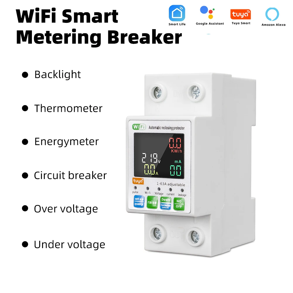 RMshebei 63A Tuya Smart Circuit Breaker Alexa WiFi Switch Smart Life Voltage Relay 220V Electric Power Meter 63A