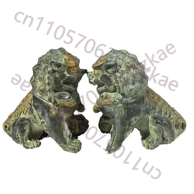 Folk Collection Old Bronze Gilded Pair of Lions Statue - Chinese Unearthed Copper Artifacts collection