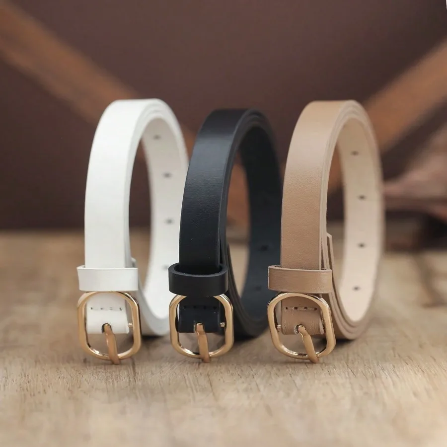 A set of 3 thin waist belts with a simple oval golden buckle, which are versatile.