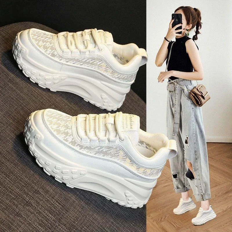 

​White Mesh Sport Sneakers for Petite Women 2025 Summer Thick Sole Hidden Heel Lift Breathable Casual Shoes​