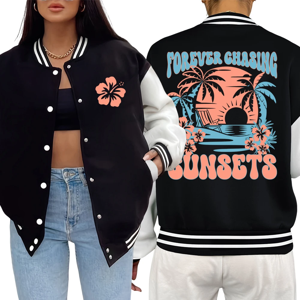 Forever Chasing Sunsets-chaquetas con estampado de árbol de coco para mujer, ropa informal suelta, chaqueta cálida de otoño, cómoda y suave
