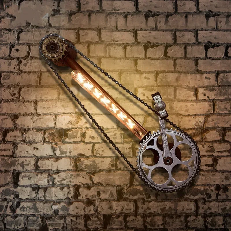 Wrought Iron Wall Lamp Loft Vintage Water Pipe Gear Bar Bicycle Chain Bicycle