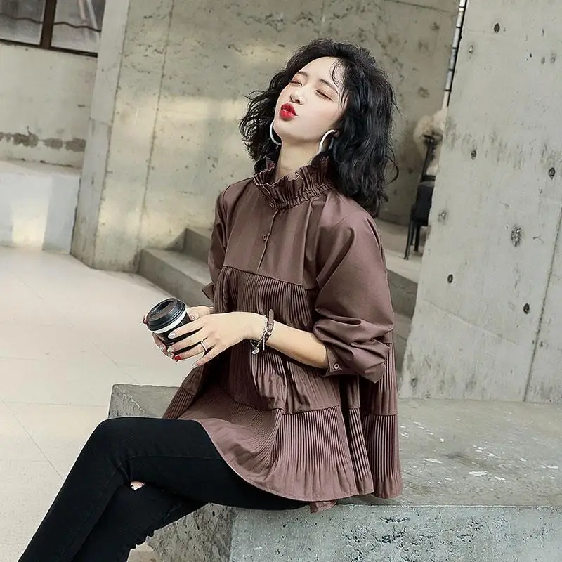 Korean Fashion Folds Patchwork Ruffles Blouse Woman Spring Summer Casual All-match Long Sleeve Loose Oversized Shirts Female