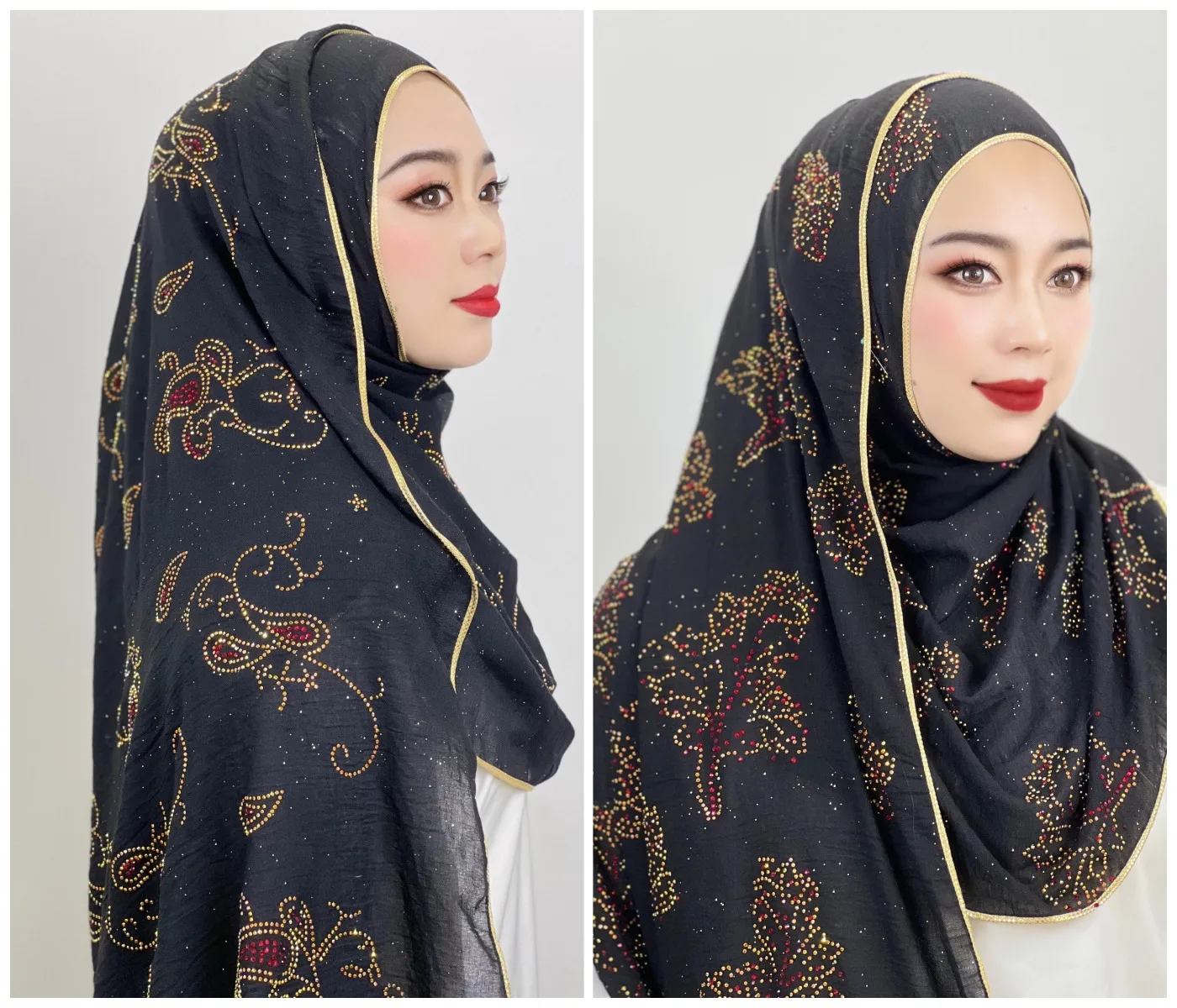 

Muslim Black Hijab with Drill Solid Color Shiny Hijab Arab Hijab Women Hijab Soft Easy to Wear Hijab Turkish Head Wrap Scarf