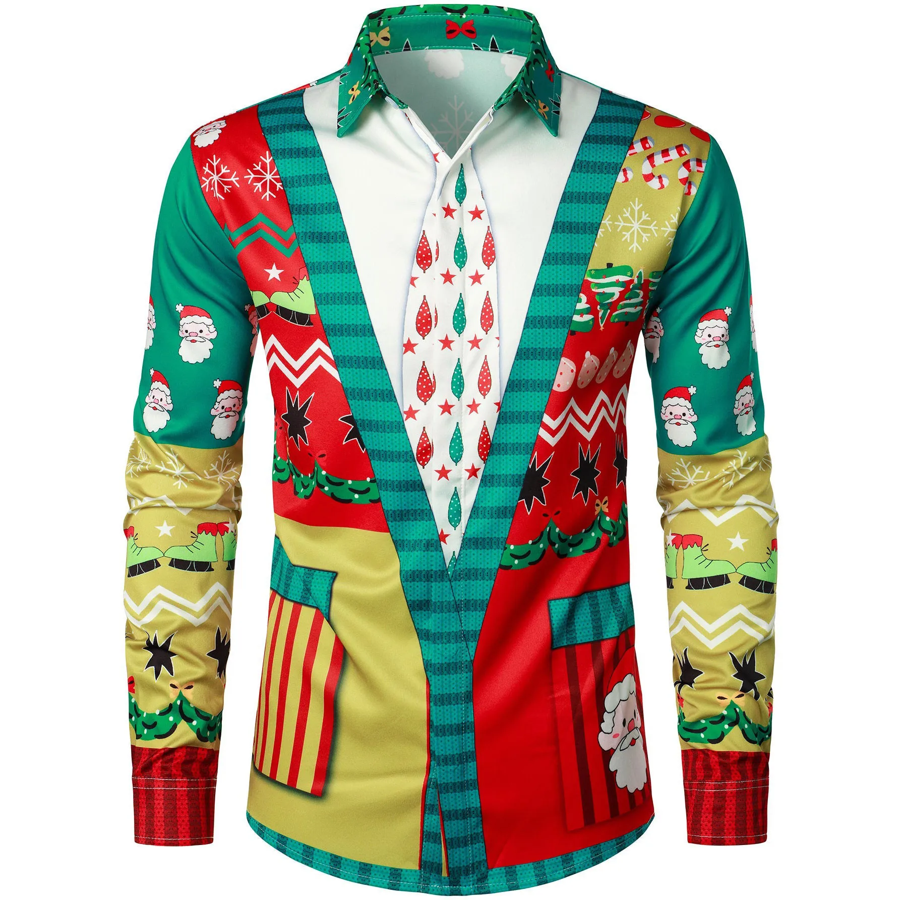 

Merry Christmas Lapel Blouse Funny Santa Claus Cosplay Graphic Long Sleeve Shirts For Men Clothes Bachelor Party Clothes