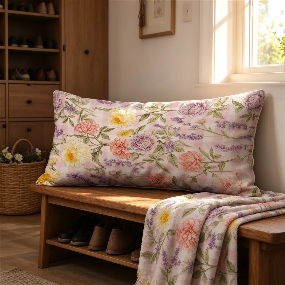 Yellow Peach Sunny Meadow Print Long Pillow Cover, Warm Style, Entryway Decorative, Polyester, Photo Prop, Velvety Touch