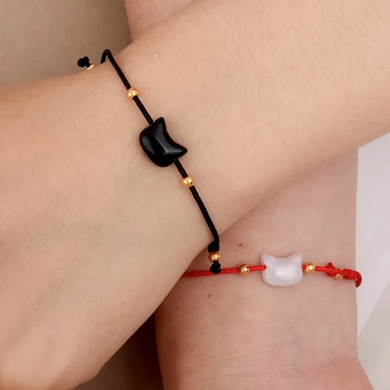 2Pcs Cute Cat Bracelet Women Men Hand Woven Black Red Hand Rope Adjustable Charms Couple Bracelets Fashion Jewelry Accessories