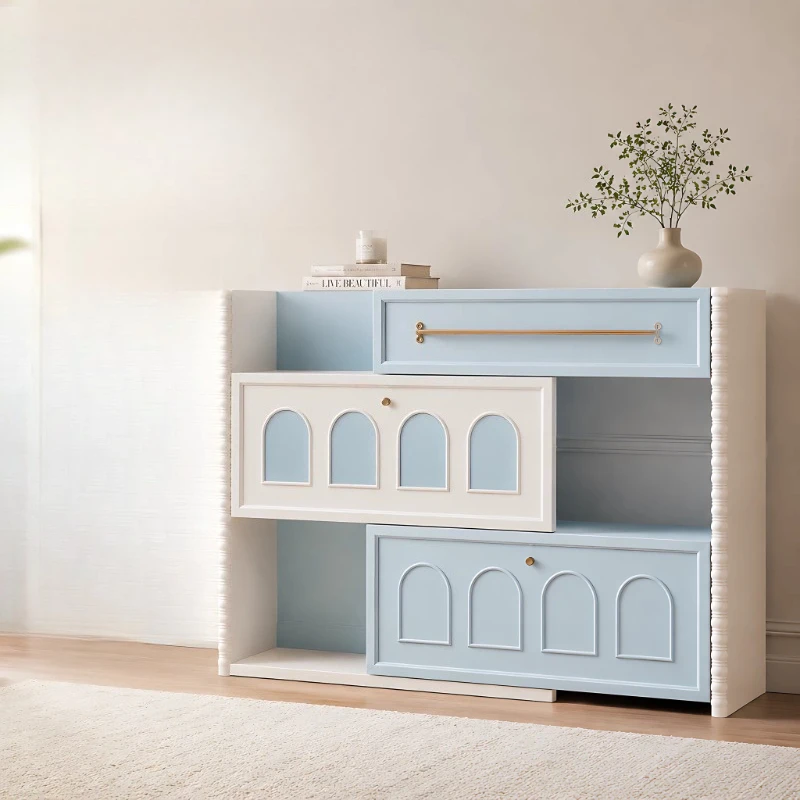 Solid wood paint French wind retractable shoe cabinet storage cabinet large capacity multi-layer locker simple modern