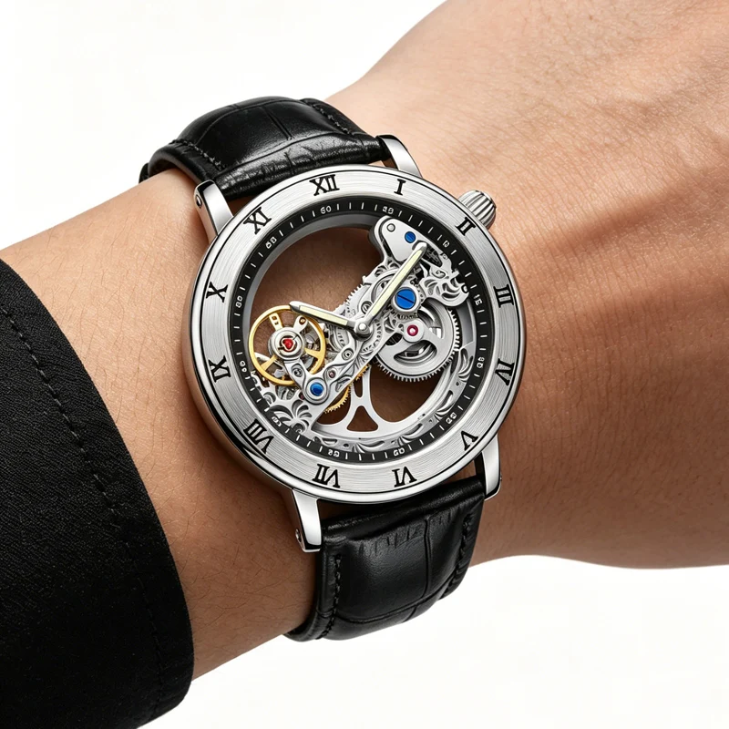 Orologio meccanico moda uomo orologi trasparenti SHENHUA automatico meccanico scheletro orologi cinturino in pelle Relogio Masculino