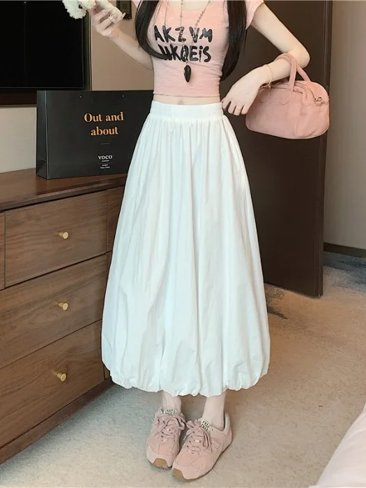 High Waist A-Line  Skirt Slimming Pure Color Spring Summer New Design Flower Bud Long Skirt Women's Fashion Commute