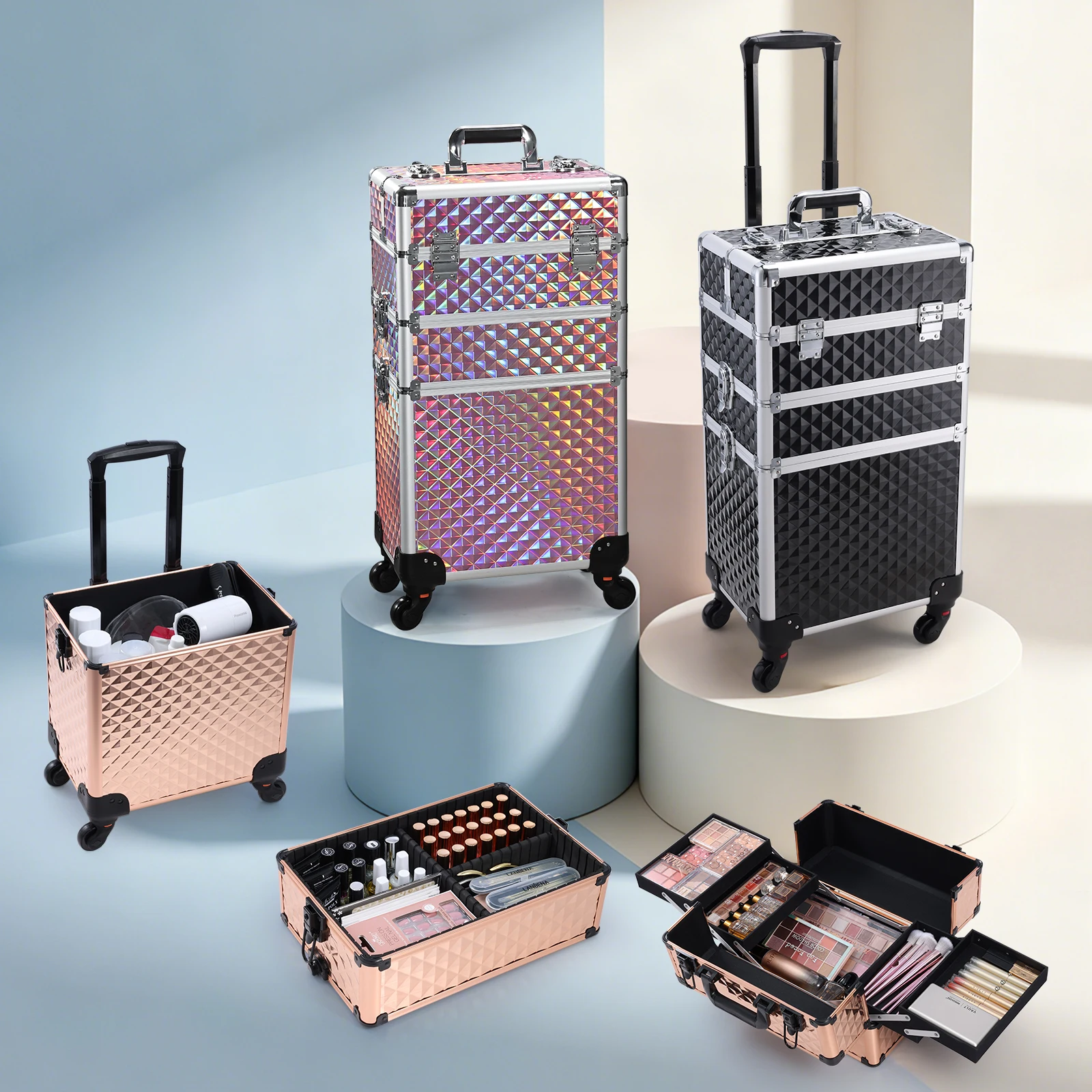 Valise de maquillage roulante 3-en-1 avec 4 plateaux, mallette de maquillage professionnelle sur roulettes, chariot de rangement pour cosmétiques, grande valise à roulettes avec clés, chariot de rangement pour outils de maquillage et de tatouage, boîte à outils cosmétiques.