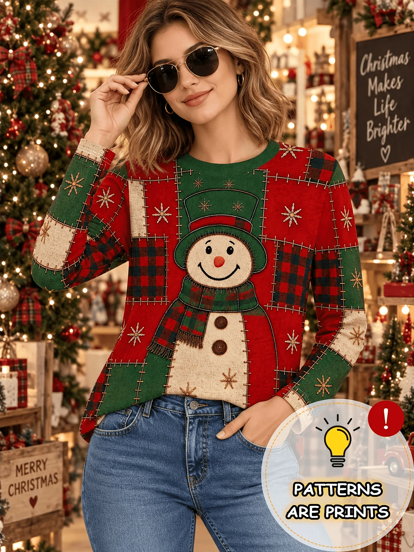 Women Long Sleeve Christmas Tshirts 3D Print Snowman Plaid Patchwork Round Neck Holiday Tops Clothes