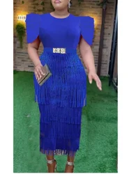 Blue Tassel Bodycon Party Dress Fringe Women with Short Clock Sleeves Stylish Trendy Outfit Perfect Night Special Celebrations