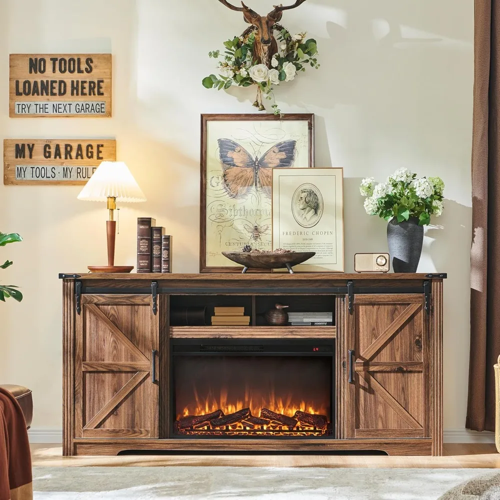 

Farmhouse Fireplace TV Stand for 80 Inch TV, 32" Tall Entertainment Center w/Drawer & Sliding Barn Door