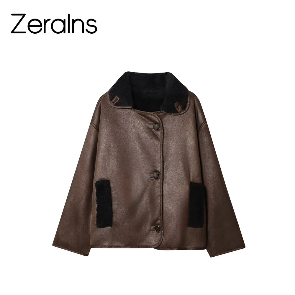 سترة ZERAINS على الطراز الأوروبي والأمريكي للخريف والشتاء من فراء الضأن الاصطناعي الجديد مع طية صدر السترة وسترة متكاملة على الوجهين