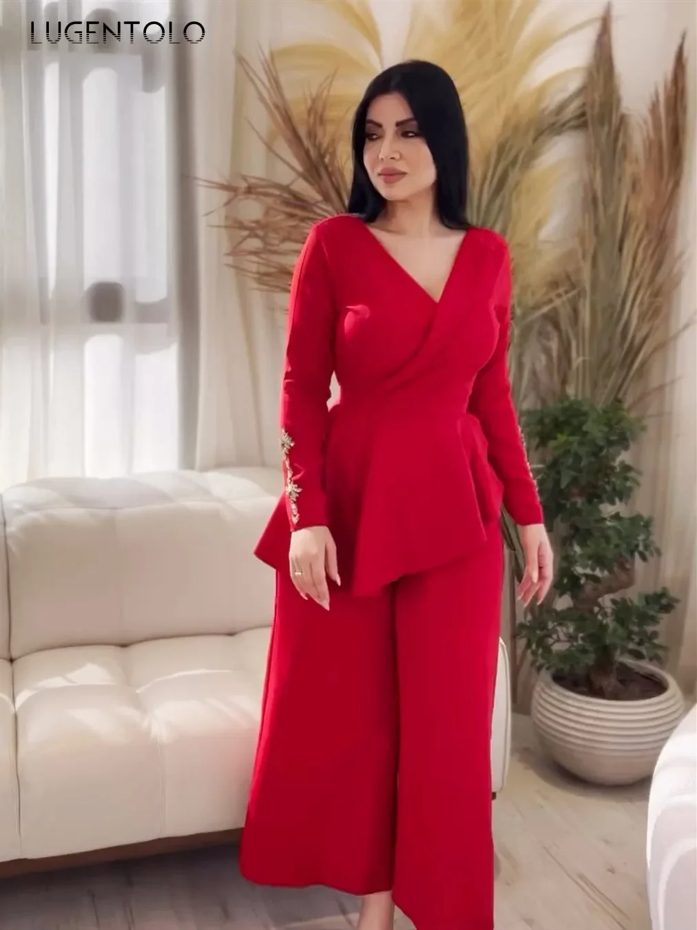 

Sexy Women Long Sleeve Top Wide Leg Pants Set Red Party Diamonds Pullover Ruffles Tops Lady Elegant Luxurious Sets