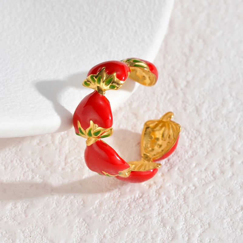 Letdiffery Fashion Strawberry Cherry Fruit Rings for Women Stainless Steel Cute Sweet Adjustable Open Gold Color Rings Jewelry