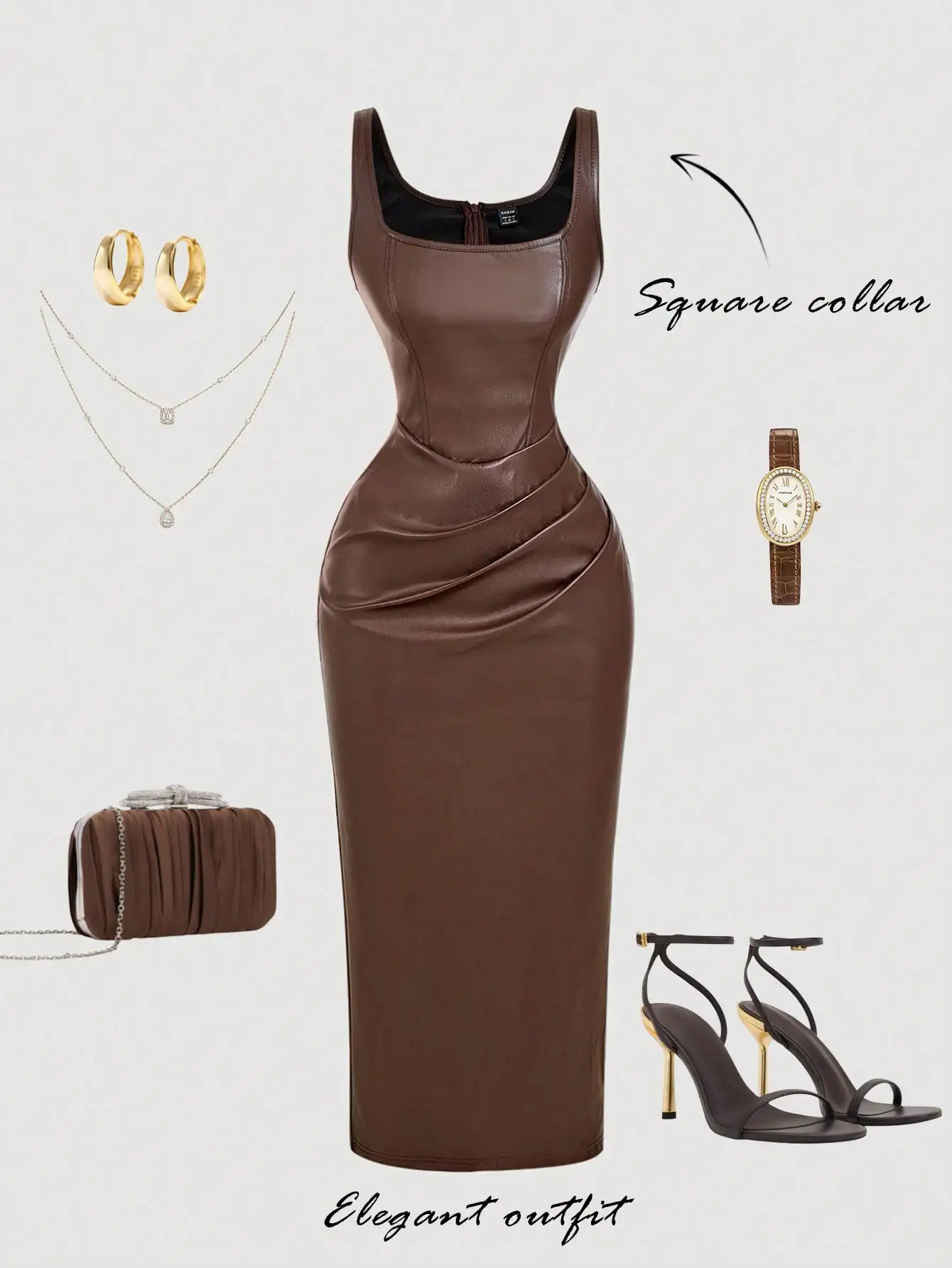 Abito midi aderente con scollo quadrato in pelle PU marrone per serate eleganti, cocktail e abiti da sposa