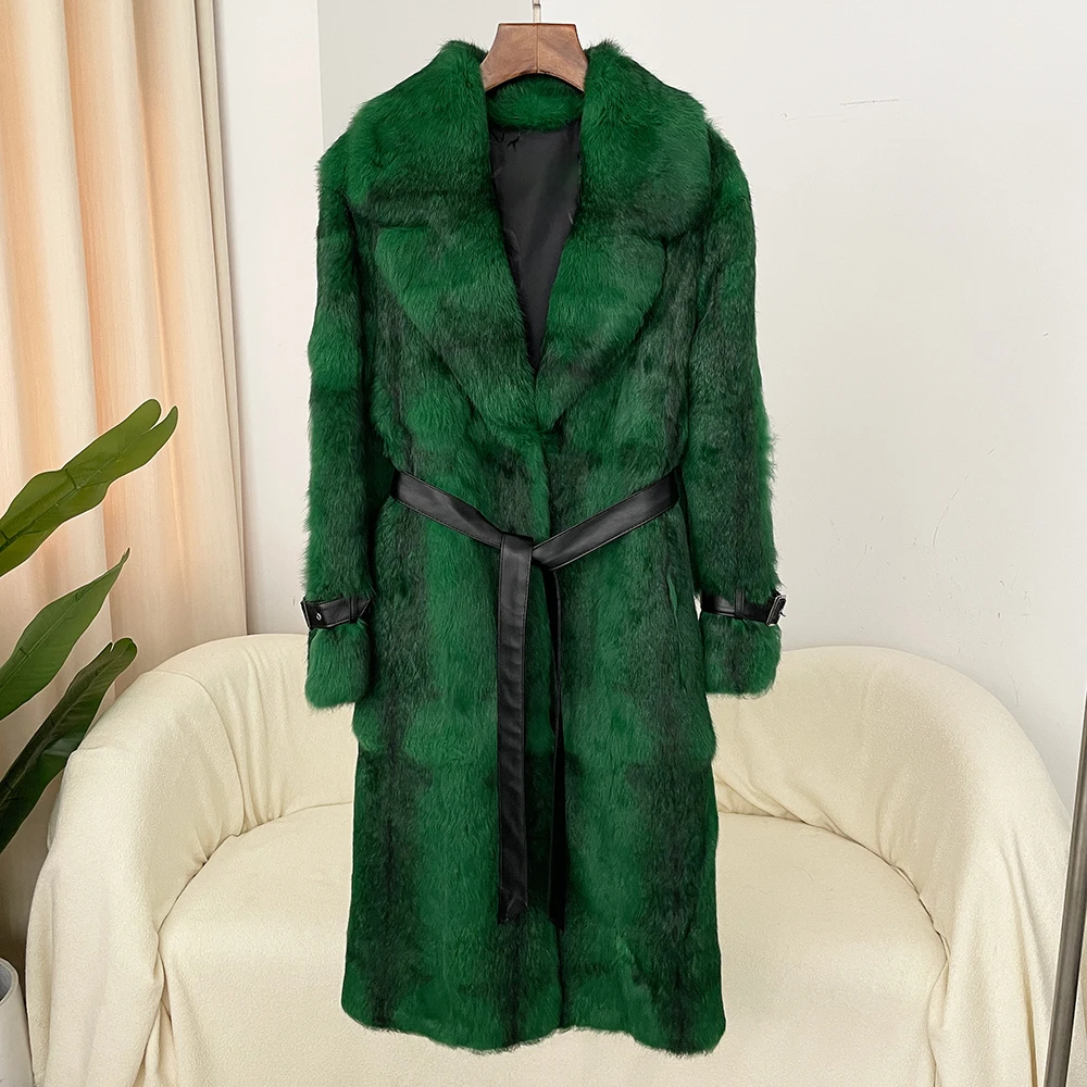 Rabbit Fur Coat Over Knee Whole Leather Imported Women Fashion Leopard Print Coat Thickened Warm Fur Integrated Autumn Winter