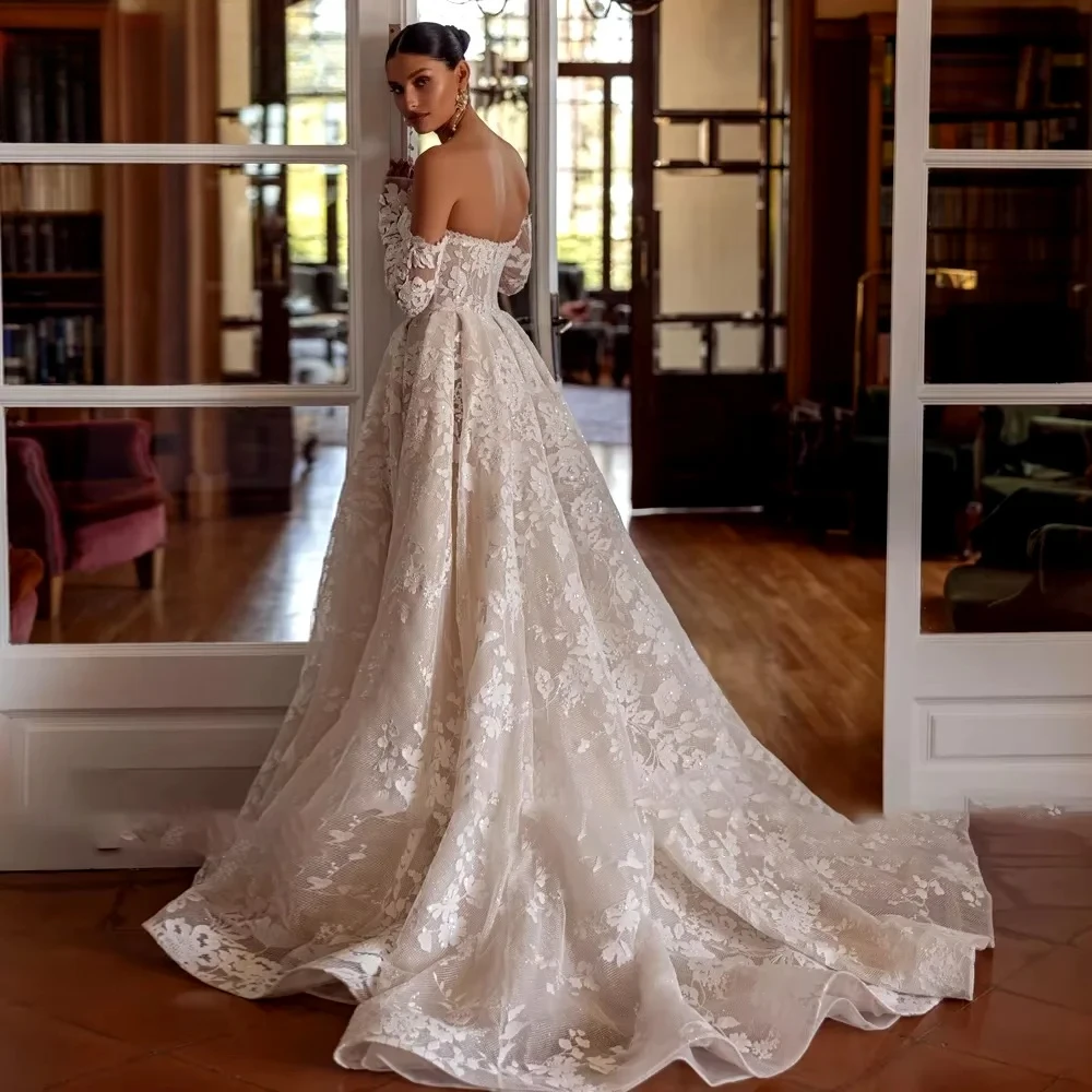 

Свадебное платье А-силуэта с кружевными аппликациями, без бретелек, с длинными рукавами, на заказ, в стиле принцесса, высокого качества, для невесты