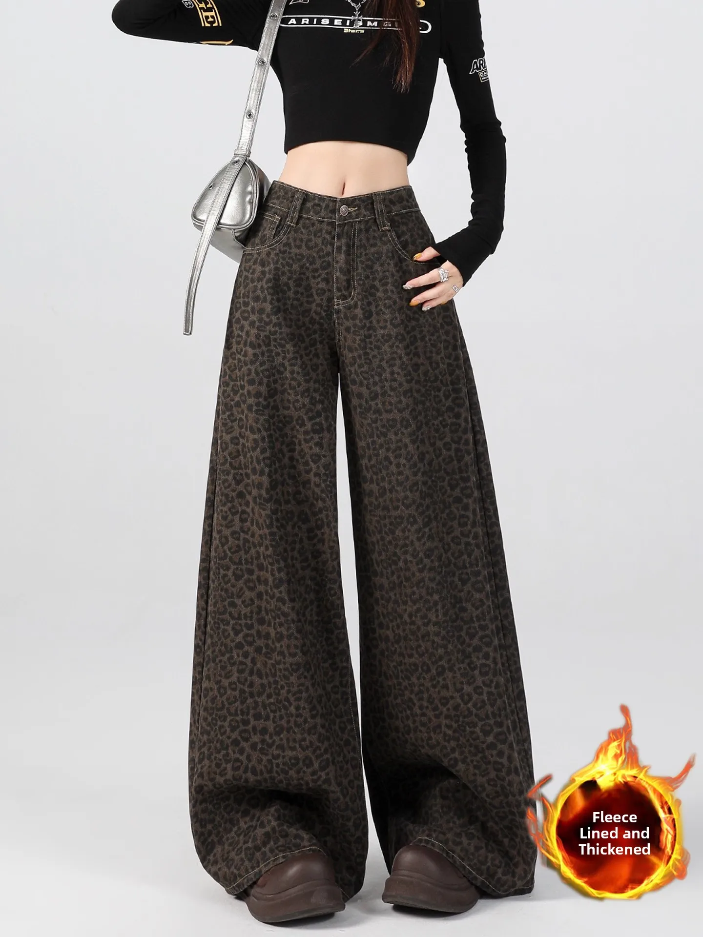 

Ретро американские джинсы с леопардовым принтом и высокой талией, широкие брюки, женские зимние новые свободные брюки прямого кроя