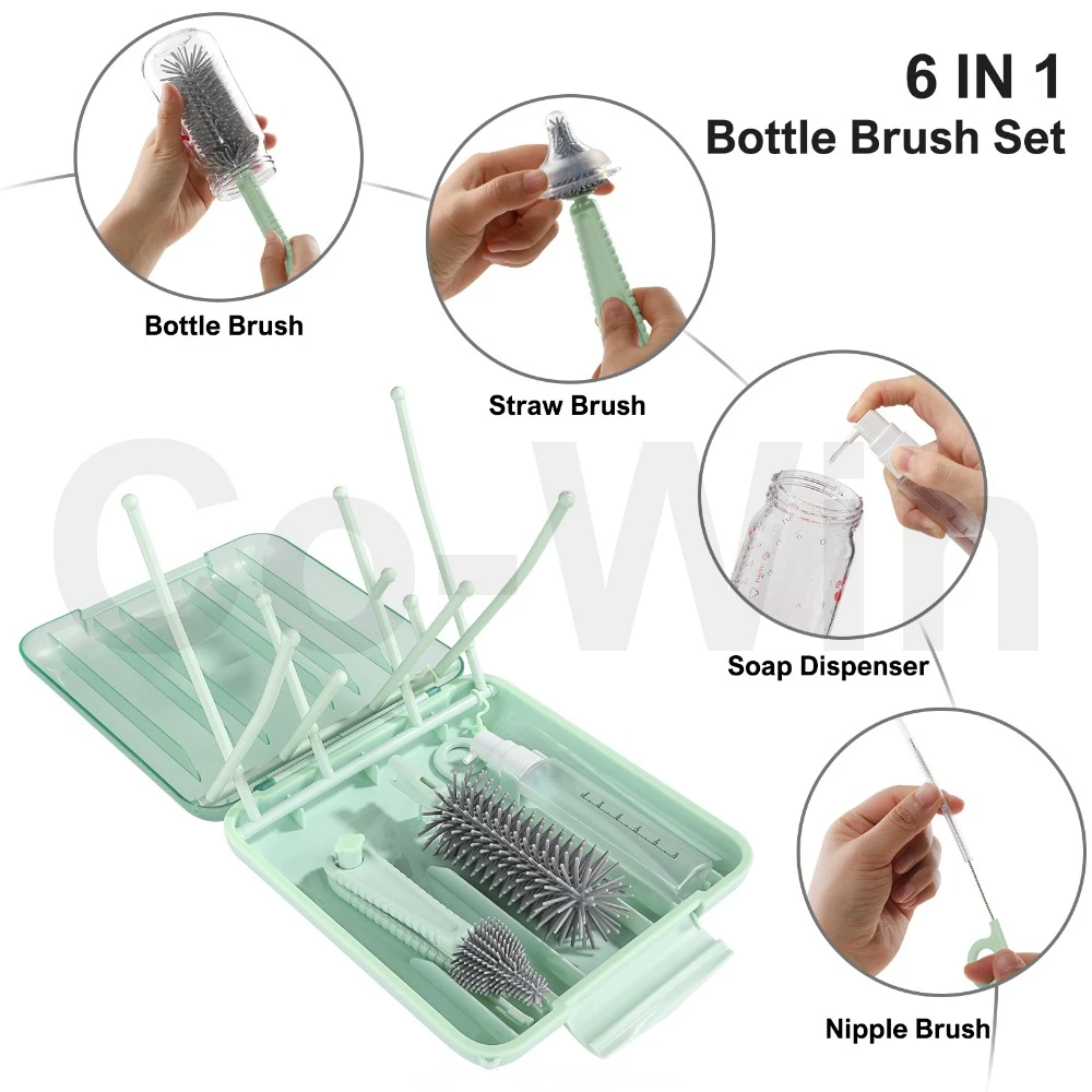 6 in 1 travel baby bottle cleaning brush set silicone brush baby bottle feeding silicone bottle brush cleaner set