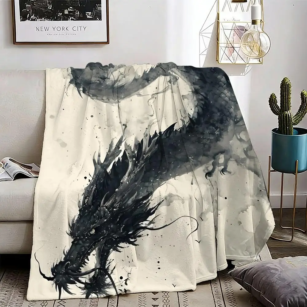 

Asian Ink Style Dragon Shadow Waves Art Throw Lightweight 240g Flannel Blanket Soft Skin-friendly for Summer Cooling