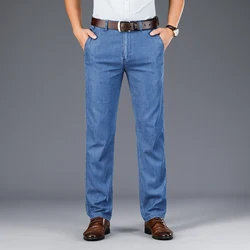 Pantalones vaqueros finos de alta calidad para hombre, Vaqueros sueltos, rectos, elásticos, transpirables, informales, moda de verano, pantalones de negocios para caballero