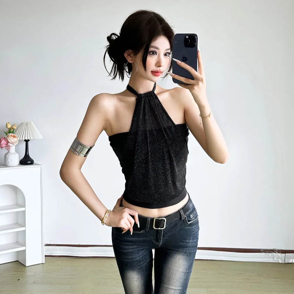 

SylCue Shiny Mesh Patchwork Camisole Woman Halter Off Shoulder Backless Navel Exposed Hot Girls High Street Wild Style Tank Tops