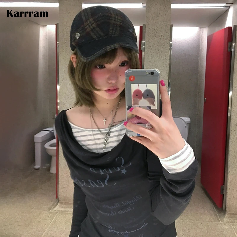 

Японский топ Karrram в стиле Y2K с эффектом двухслойности, футболка с длинным рукавом и буквенным принтом в стиле 2000-х, винтажный топ в стиле Харадзюку с пэчворком, корейский стиль 90-х