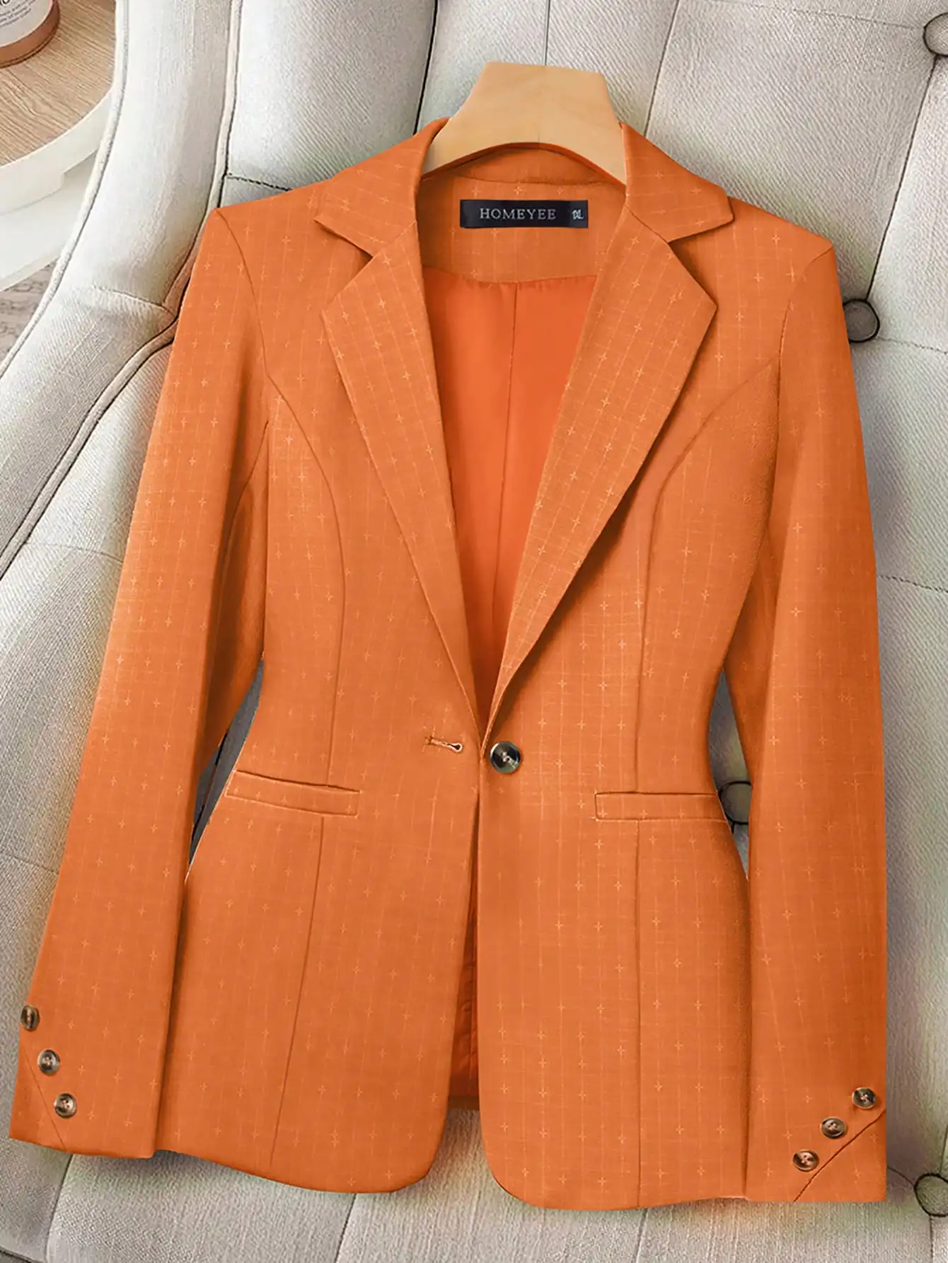 

Orange Plaid Single-Button Blazer for Women, Elegant Casual Jacket, Spring Autumn Wear