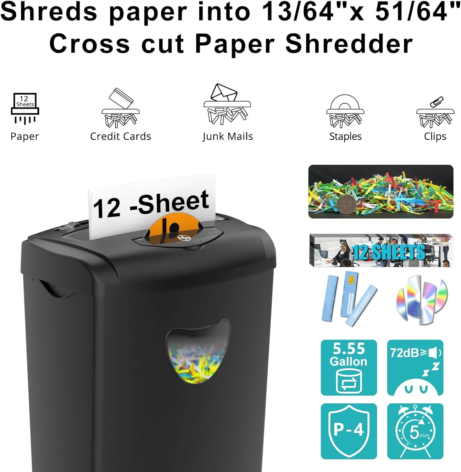 

Heavy Duty Home Paper Shredder: 12-Sheet Cross Cut, 5.6 Gal Large Capacity Bin, P-4 Security Shreds Paper Credit Cards CDs, Jam