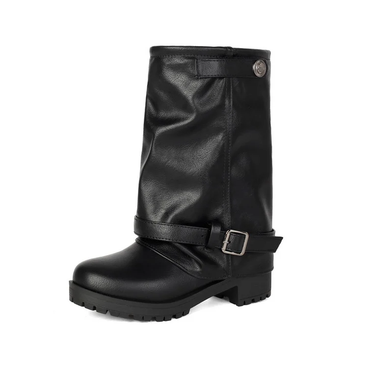 Botines de Mujer 2026 con Hebilla, Tacón Bajo Grueso, Punta Redonda, Suela con Relieve, Botines Arrugados, Otoño Invierno, Moda Casual, Zapatos Cómodos