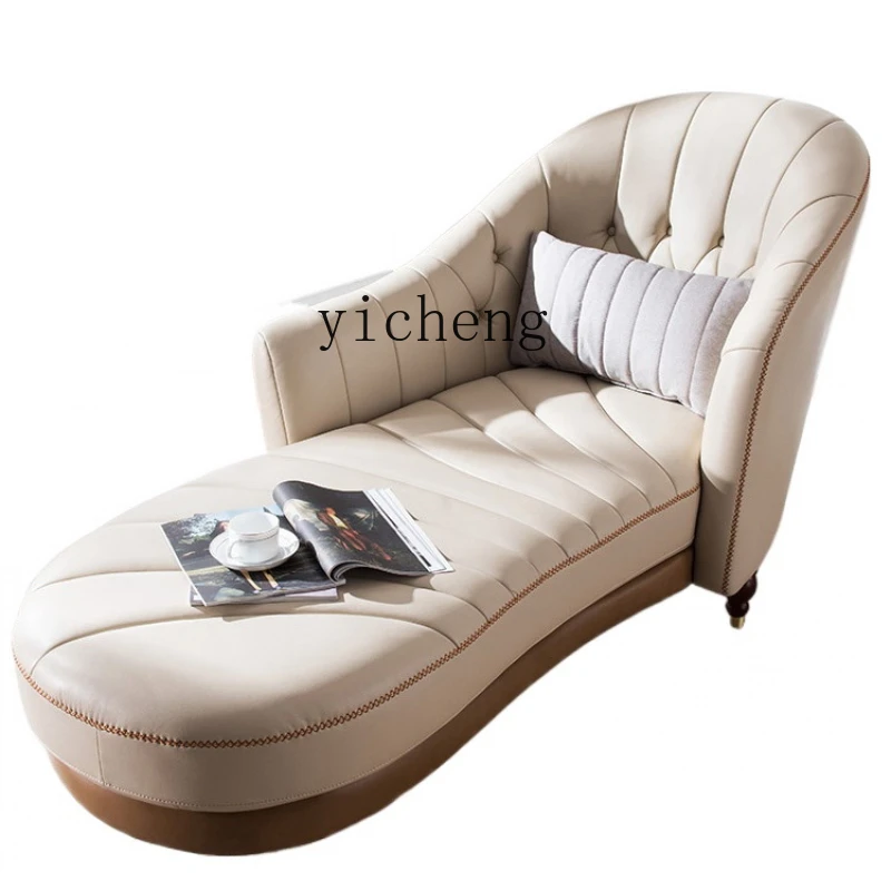 

ZC Genuine Leather Chaise Longue Solid Wood Single Beauty Bed Bedroom Balcony Modern Lazy Sofa