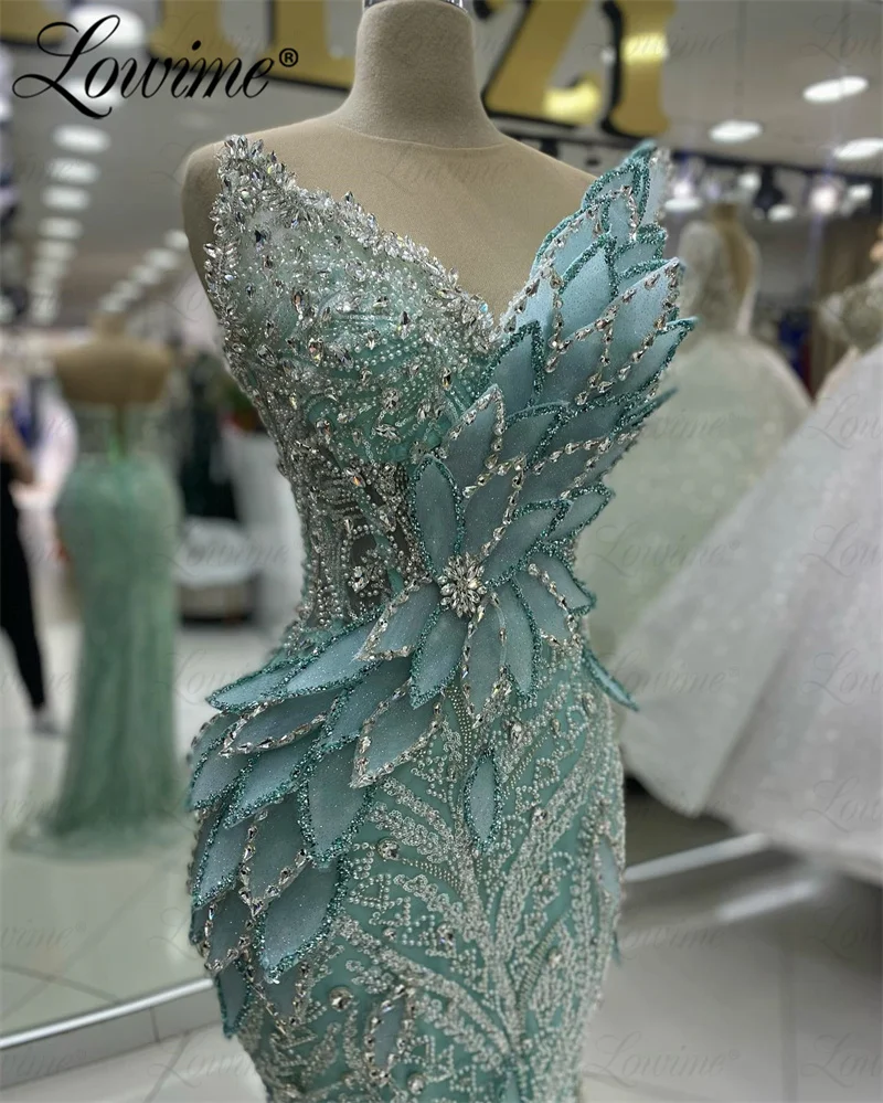 Mint Green 5D Leafs Arabic Evening Dresses Aso Ebi Crystals Mermaid Prom Dress Sequined Floral Mermaid Party Gowns For Weddings