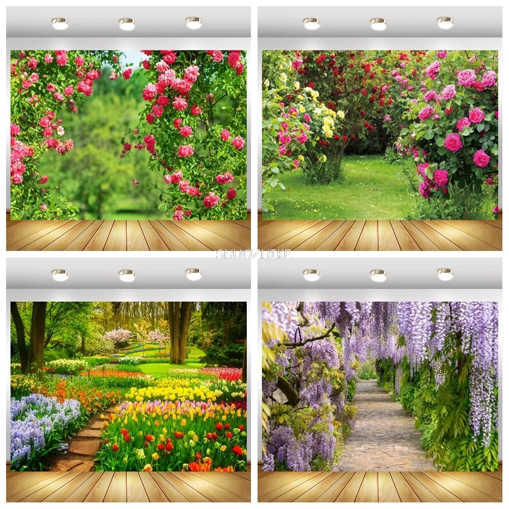 Spring Backdrops Blossom Flowers Grass Vine Park Garden Scenic Photography Backgrounds Photocall Photo Studio