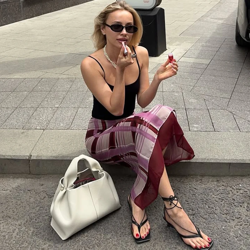 Ticketsx Plaid Contrast Print Skirt For Women High Waist Patchwork Summer 2025 Slim Dress Female Fashion Office Lady Slit Skirt
