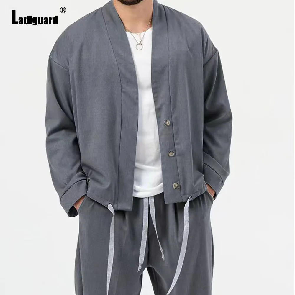 Plus Size 3xl Mens Casual Retro Two Piece Sets 2024 Single Breasted Tops and Solid Drawstring Pants Suit Male Tracksuits Set