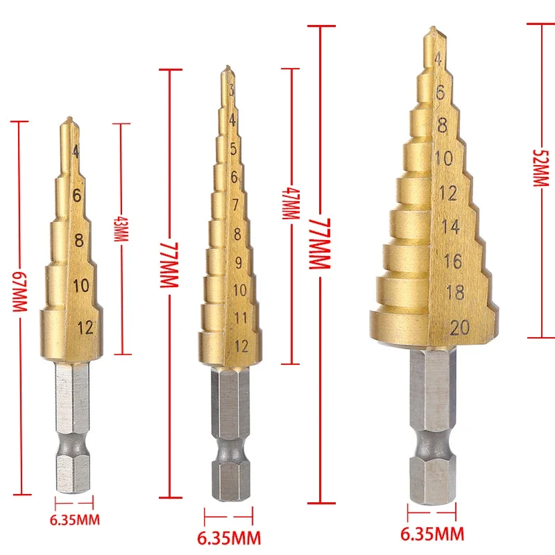 Step Drill Bit 4-32mm 4-20mm HSS Titanium Coated Cone Drill, Hex Shank Multiple Hole Cutter 102mm for Metal Wood Plastic
