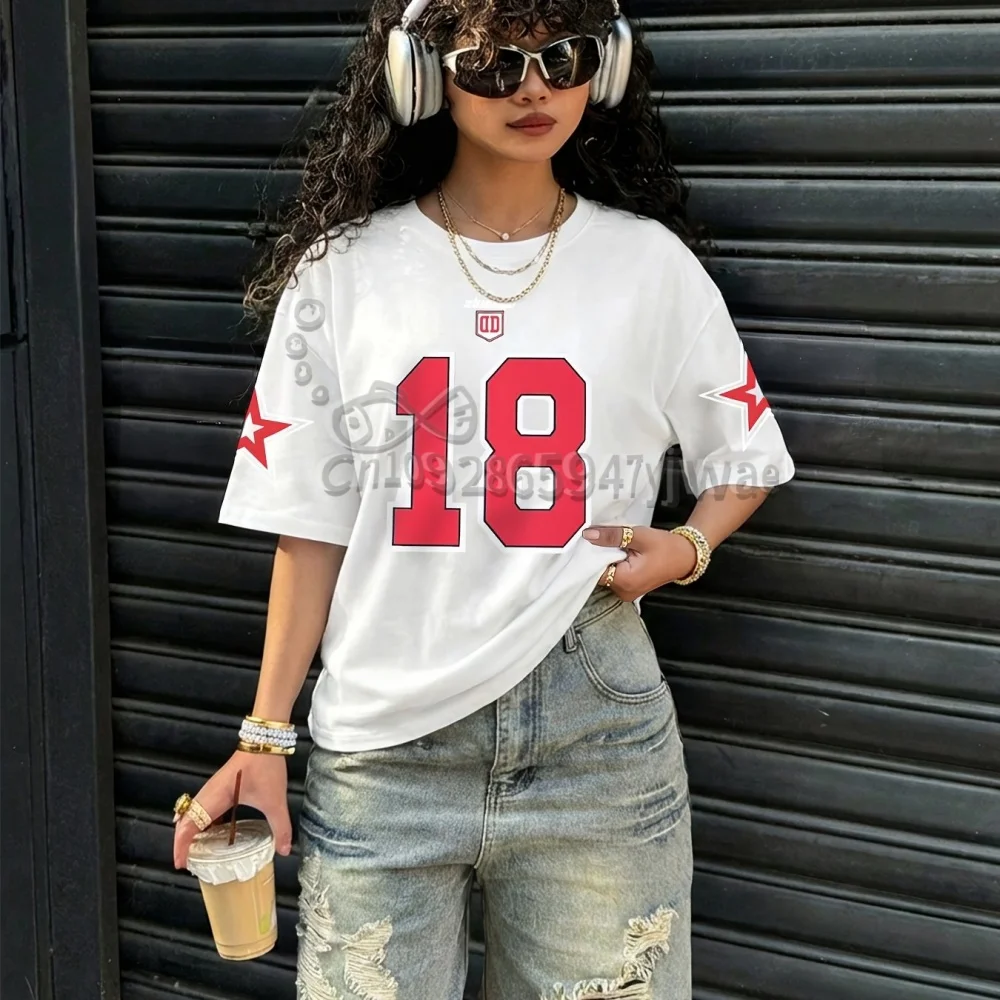 

2026 summer Womens Short Sleeve number 18 Print T-Shirt Girl Round Neck Tee Outdoor Sports plus-size jersey tee women's clothing
