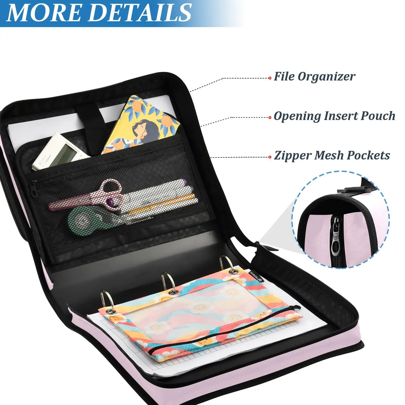 Custom 3 Ring Zipper Binder with Shoulder Strap Handle Multi-Pocket Lightweight Durable Organizer School Office Supplies